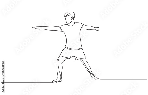 Continuous line drawing of young sportive man training yoga in sport gymnasium club center, Single one line of Fitness stretching concept. Trendy design graphic vector illustration.