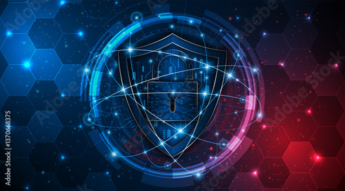 Cyber ​​security concept with shield symbol and lock. Data protection and cyber privacy. Innovative concept of advanced safety technology	