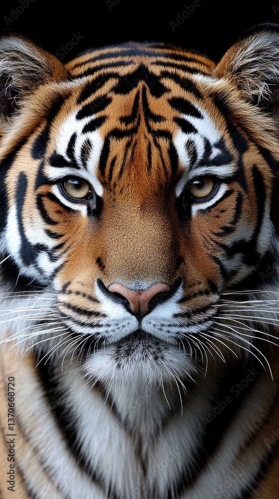 Portrait of a tiger. Majestic face with distinctive stripes. Golden eyes staring directly at viewer Portrait of a tiger. Majestic face with distinctive stripes. Golden eyes staring directly at viewer