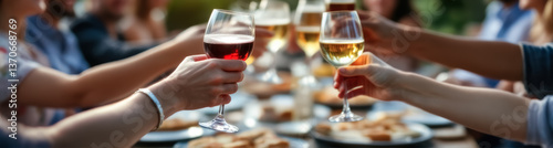 friends toasting with wine and beer at a sunny outdoor gathering