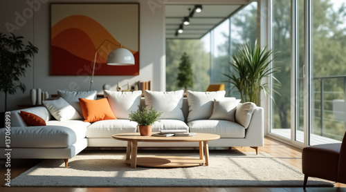 sunlit contemporary living room with white sectional sofa and accents