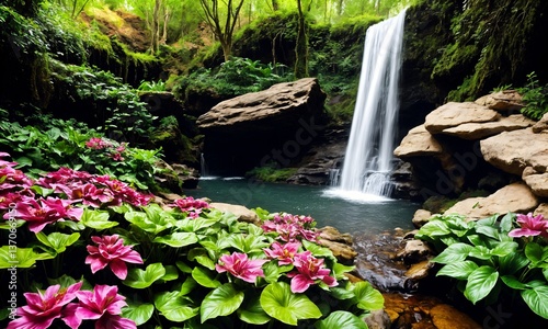 Serene spring morning with a waterfall cascading into a crystal-clear pond – Idyllic nature escape with misty golden light and lush greenery