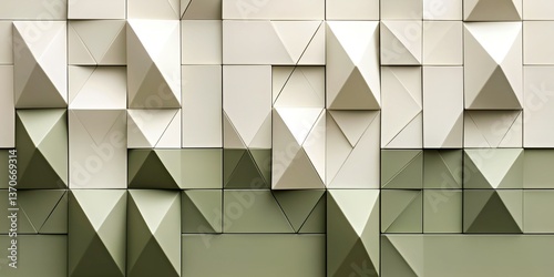 Geometric layered pyramid tiles in soft green and beige creating a textured surface with a dimensional