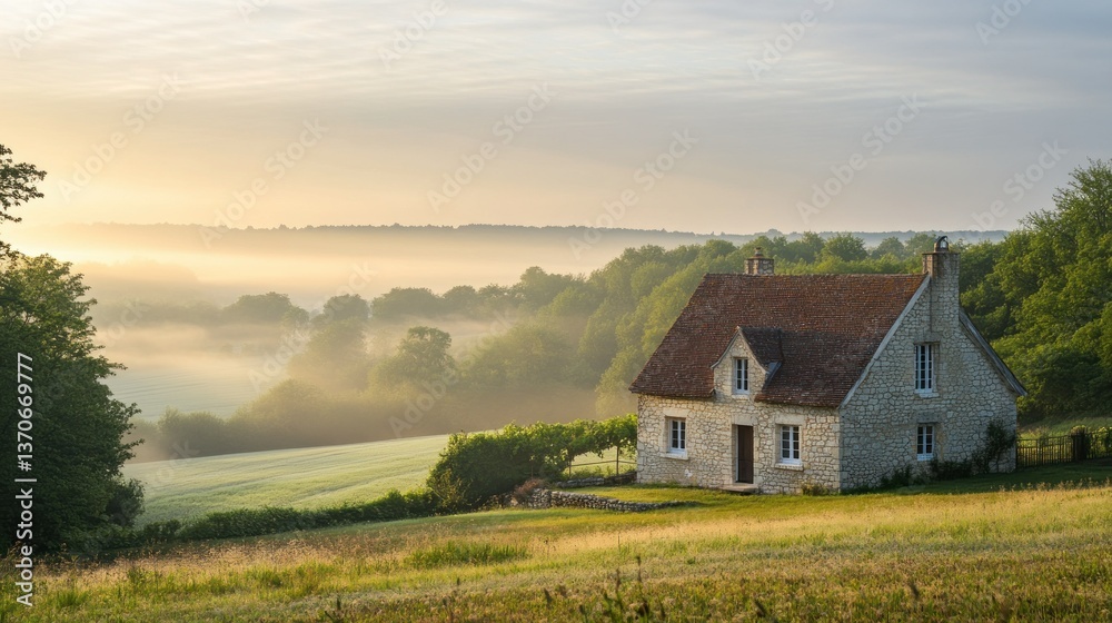 A solitary stone house sits in a tranquil rural landscape setting