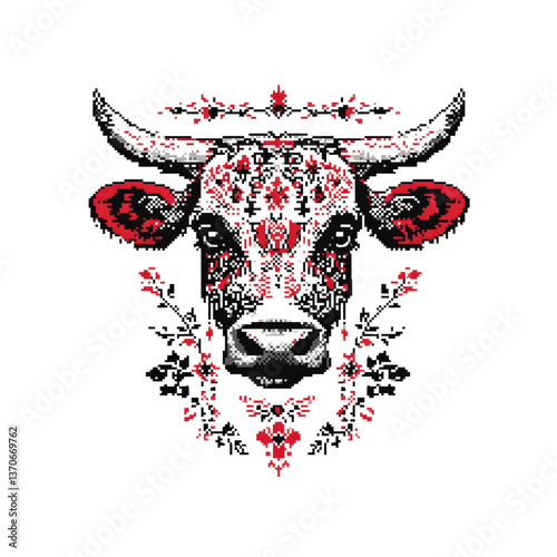 Ornate Bull Head with Floral Crown - Pixel Art Design