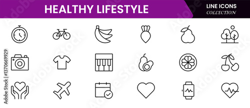 Healthy lifestyle icon set. Contains Icons for diet, exercise, sleep, running, routine, gym, nutrition, cardio exercises, sports supplements, yoga, self-care, culture, and hobbies.