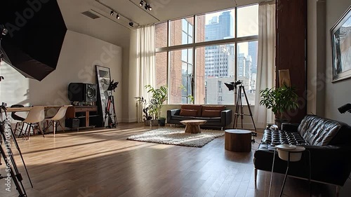 Spacious modern loft with large windows, stylish furniture, and photography equipment, city view