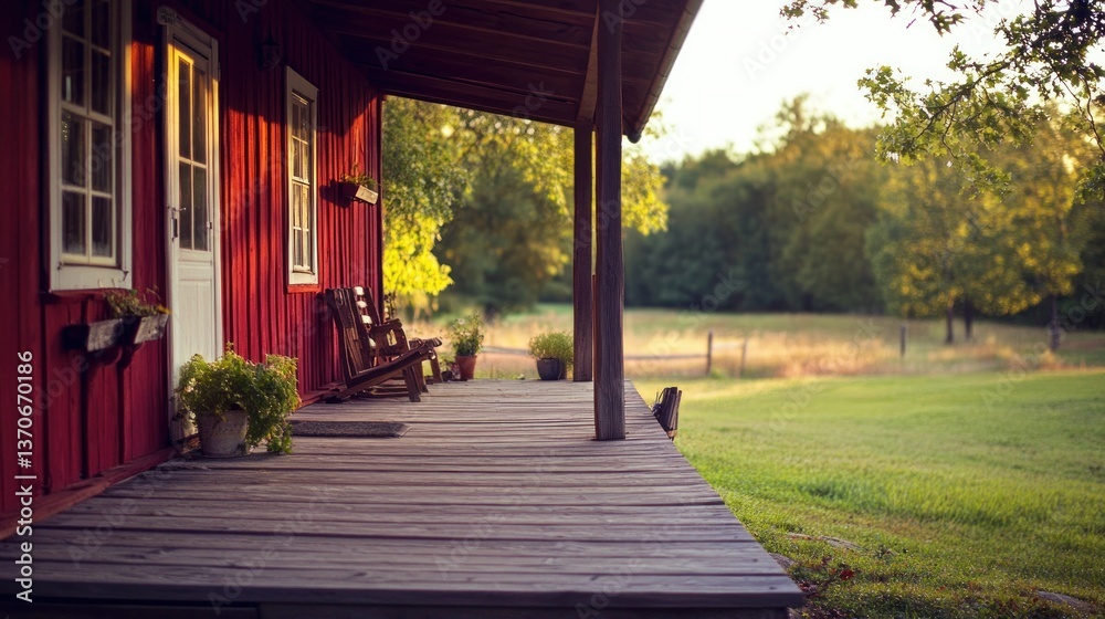 A red wooden porch extends to the serene green landscape