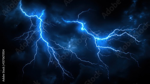 Vivid blue lightning strikes through a dark and stormy sky, powerful nature.