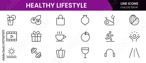 Healthy lifestyle icon set. Contains Icons for diet, exercise, sleep, running, routine, gym, nutrition, cardio exercises, sports supplements, yoga, self-care, culture, and hobbies.