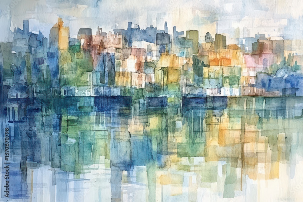 Fototapeta premium Cityscape Reflection Watercolor Urban Art.