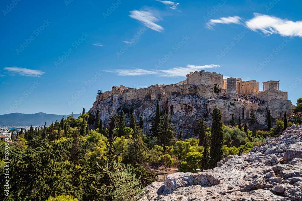 Naklejka premium Acropolis hill view with Propylaea and Athena Nike temple