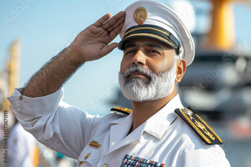 Indian navy captain in white uniform and saluting photo
