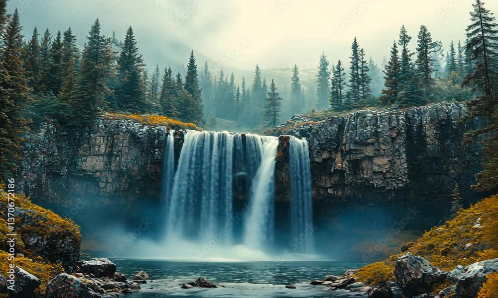 Breathtaking waterfall cascade flowing into pristine lake surrounded by lush forest