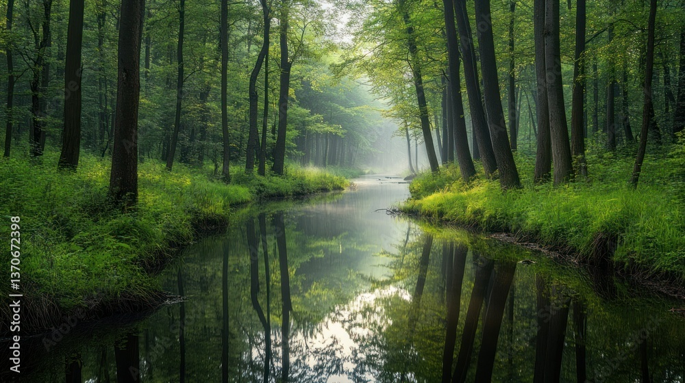 A serene river flows peacefully through a lush green forest setting A serene river flows peacefully through a lush green forest setting