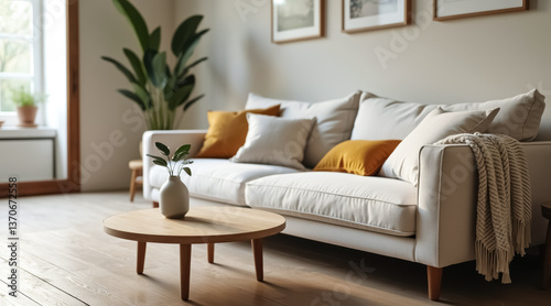 Wallpaper Mural minimalist living room features a creamy sofa with mustard-yellow and pillows Torontodigital.ca