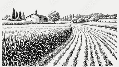 Fields of Dreams Field line art drawing ink sketch nature landscape vector hand drawn illustration background