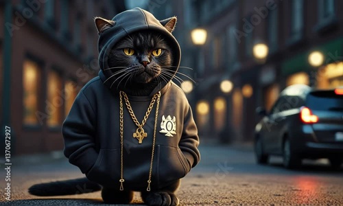 Black cat wearing hoodie and gold chains standing on a street at nighttime
