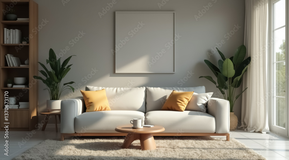 Obraz premium sunlit living room with beige sofa and yellow pillows