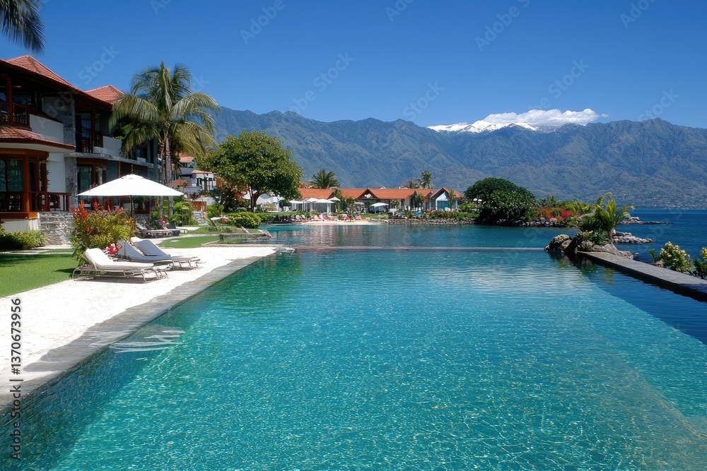 Fototapeta premium Resort scenery. Pool, ocean, and mountains view. Beach chairs, building, plants under blue sky
