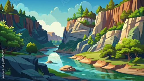 Rocky River Cliffs with dense greenery and calm reflections green landscape, Highly detailed vector illustration