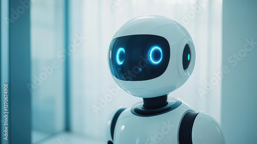 Futuristic friendly AI robot with glowing blue eyes, standing in a modern, bright environment. Concept of artificial intelligence, robotics, and futuristic companion technology