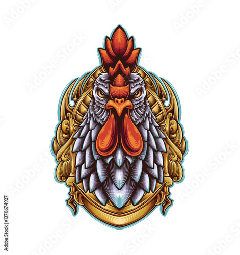 Royal Rooster Portrait: Intricate illustration showcasing a regal rooster with a majestic, vibrant, and elaborate decorative framework, evoking a sense of nobility and rural charm.