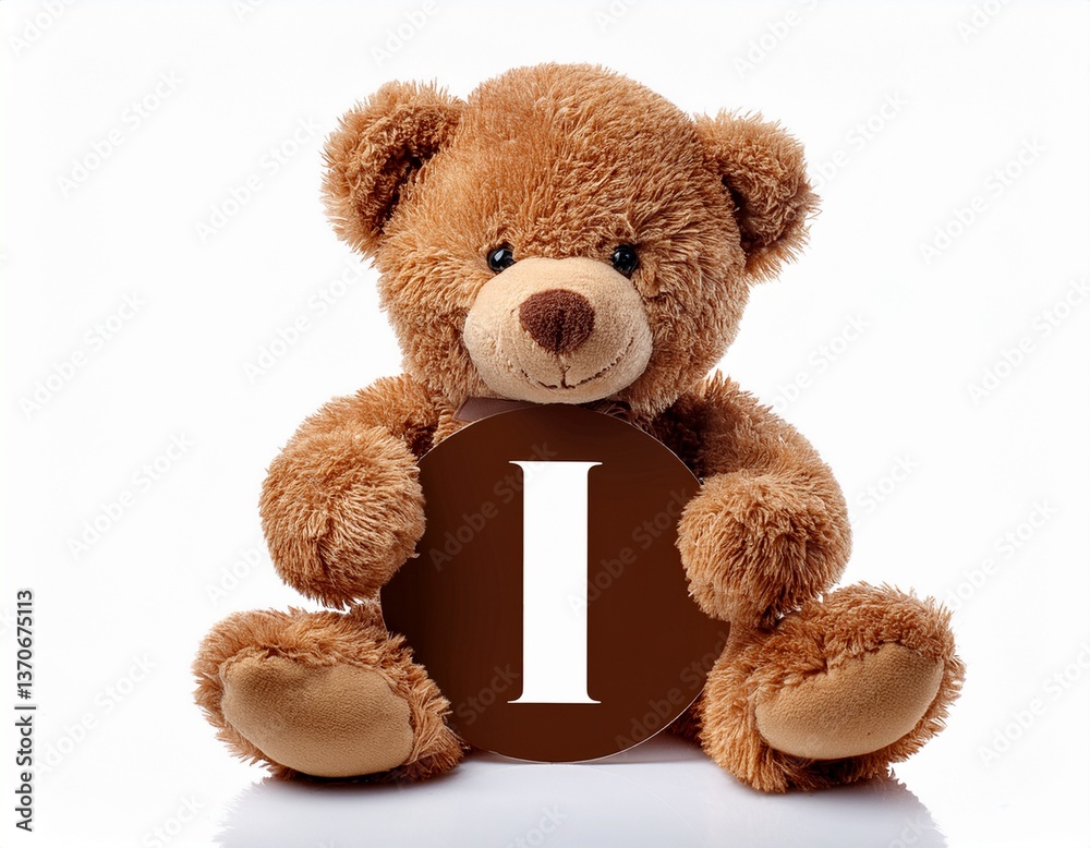 Obraz premium Cute brown teddy bear with letter I. Baby name reveal after child birth. Stuffed animal isolated on white background