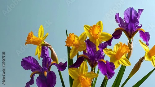 Vibrant bouquet of yellow daffodils and purple irises under clear blue sky with sun flare.