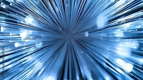Futuristic fiber optic burst with glowing light rays on black background.
