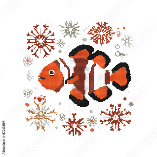 Ocellaris Clownfish in Pixel Art Style with Coral Reef Decor
