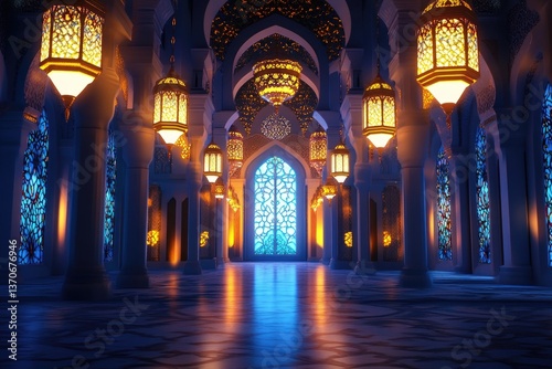 3D illustration of an Islamic background banner with a golden mosque and a decorative arabesque frame on a dark blue color background,