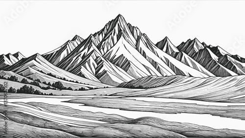 Mountain line art drawing ink sketch nature landscape vector hand drawn illustration background