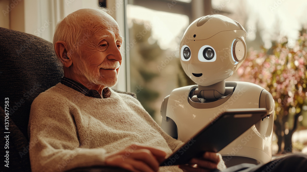 Elderly man sitting on a couch with a humanoid robot, symbolizing artificial intelligence in elderly care and companionship. Warm lighting enhances the futuristic yet intimate home atmosphere.