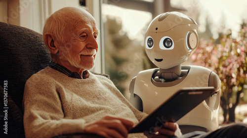 Obraz na płótnie Elderly man sitting on a couch with a humanoid robot, symbolizing artificial intelligence in elderly care and companionship. Warm lighting enhances the futuristic yet intimate home atmosphere. w salonie