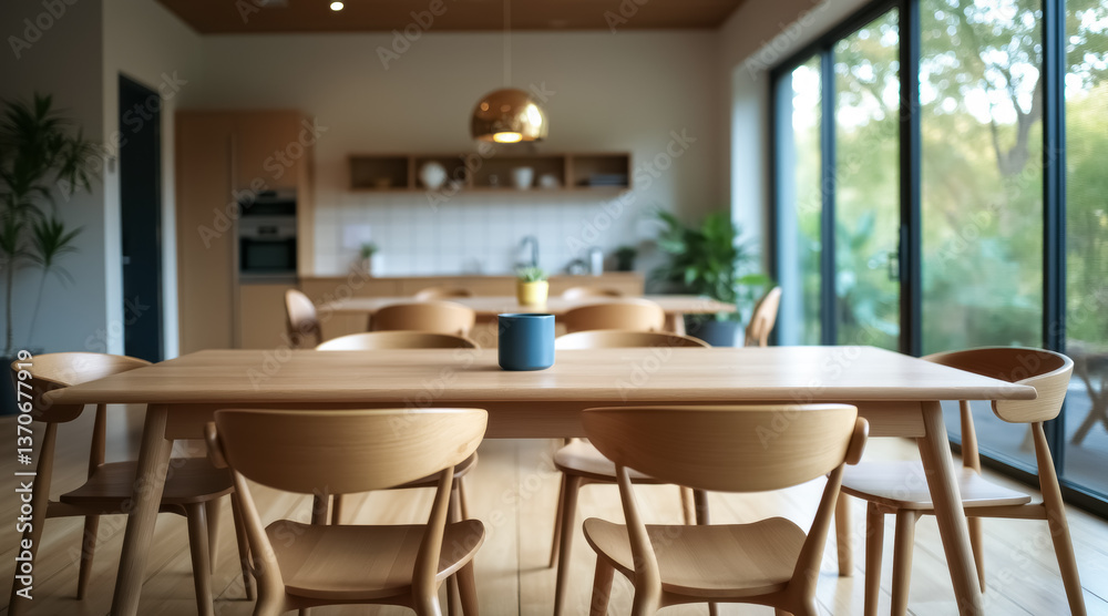 modern light wood dining table with minimalist wooden chairs in a bright room modern light wood dining table with minimalist wooden chairs in a bright room