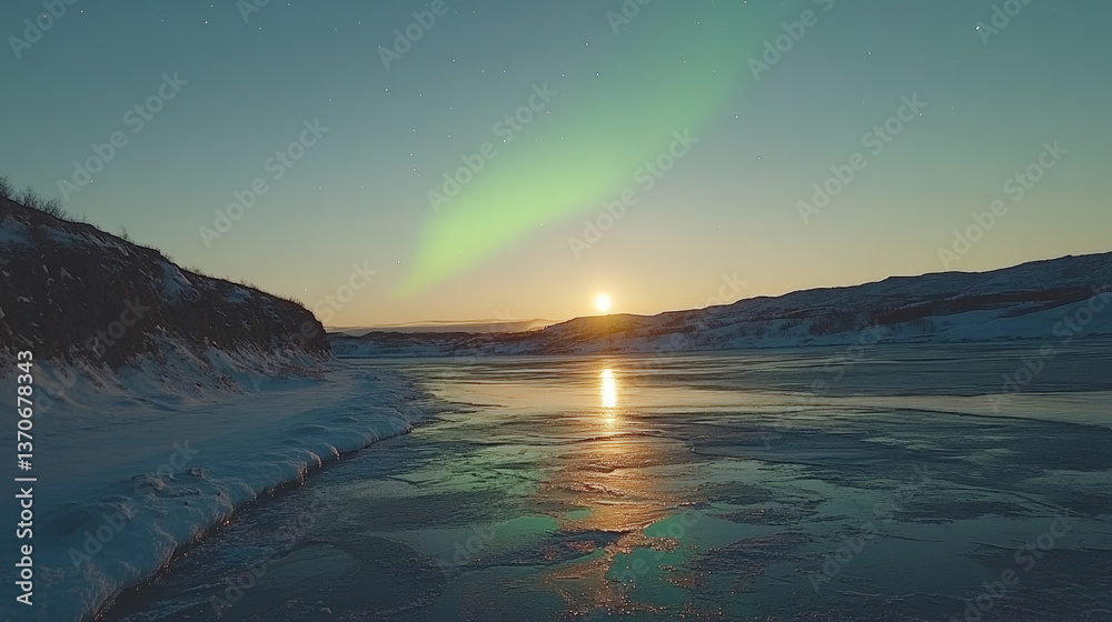 Obraz premium mesmerizing view of Northern Lights dancing over frozen lake, with serene sunset reflecting on icy surface, creating tranquil and captivating scene