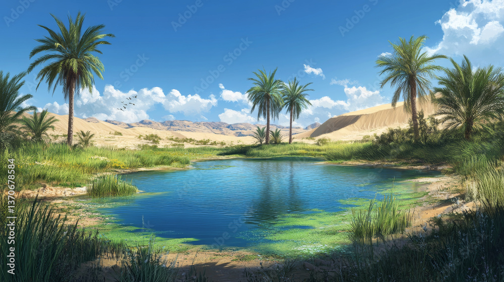 Small lake and palm trees in middle of sandy desert. Vector cartoon illustration of natural oasis with fresh water, green grass on banks, tropical landscape with dunes under blue sunny sky and clouds Small lake and palm trees in middle of sandy desert. Vector cartoon illustration of natural oasis with fresh water, green grass on banks, tropical landscape with dunes under blue sunny sky and clouds