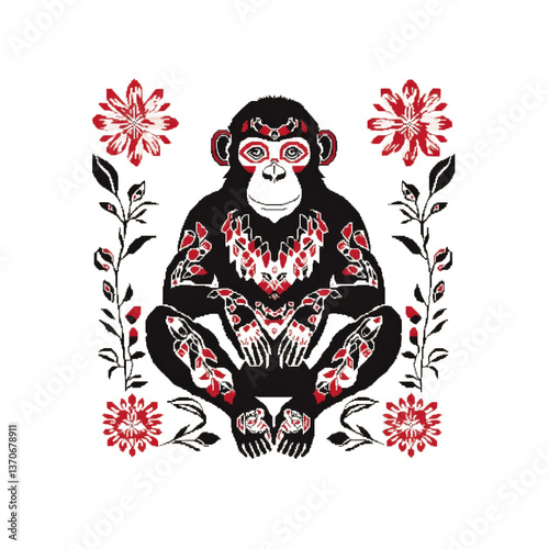 Serene Chimpanzee Adorned with Floral Patterns