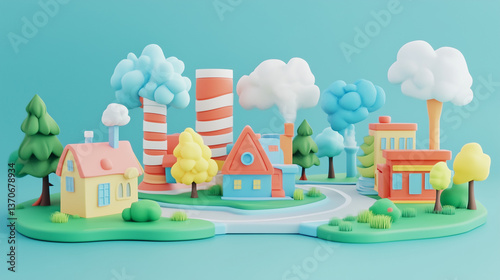 A colorful 3D cartoon town with pastel houses, striped chimneys, and fluffy clouds above winding streets. A playful diorama scene portraying cheerful fantasy life in a miniature world.
