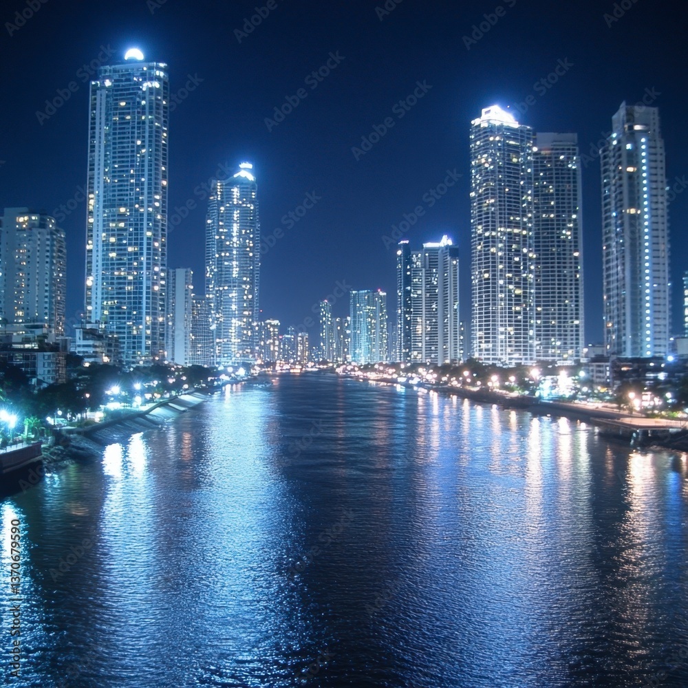Fototapeta premium Night view of a city skyline with illuminated skyscrapers reflected in a calm waterway. Cool blue tones dominate the scene, creating a serene atmosphere.
