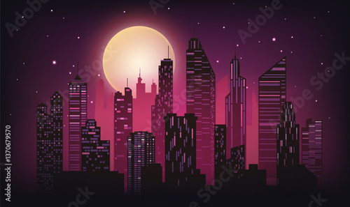 City night landscape horizontal illustration rose red atmosphere city skyline