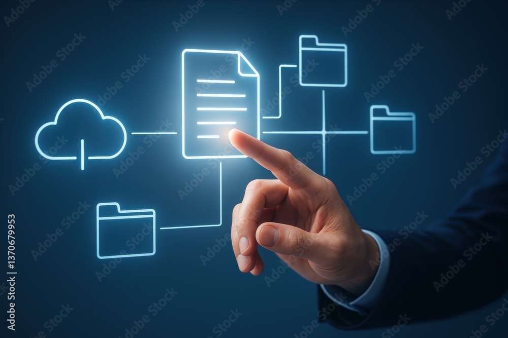 Digital Interaction: A hand reaches out to interact with a glowing digital document in a futuristic, technology-driven environment, symbolizing data access and management.