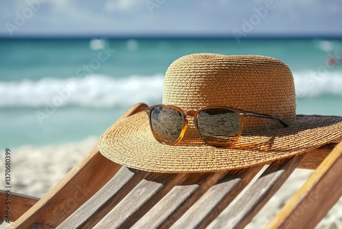 A sun-drenched straw hat and sunglasses rest peacefully on a beach chair, promising a relaxing escape to the ocean's embrace under a bright summer sky.