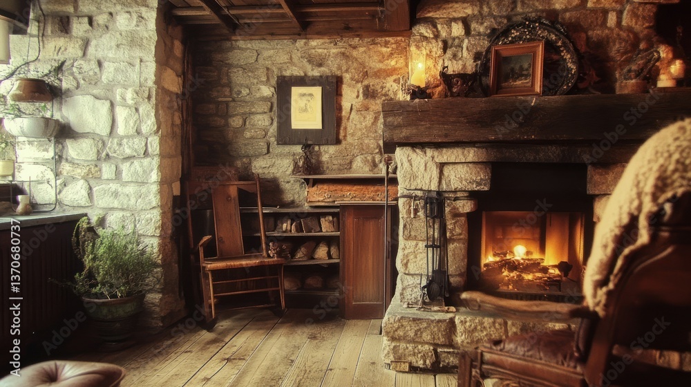 A cozy stone fireplace and wooden chair inside a cabin interior A cozy stone fireplace and wooden chair inside a cabin interior