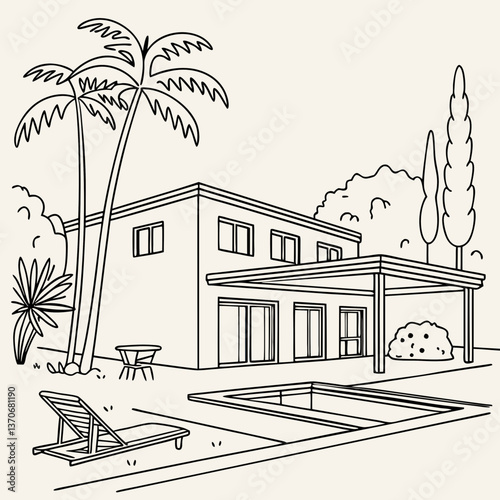 Hotel swimming pool line illustration, vector hand drawn water resort rest outline print, spa chair. Summer holiday outdoor doodle, simple luxury villa swim business concept. Travel swimming pool icon
