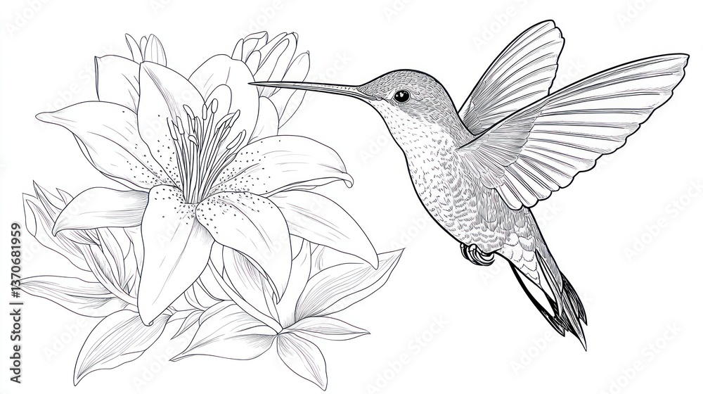 Obraz premium Hummingbird in flight near a lily. Botanical illustration