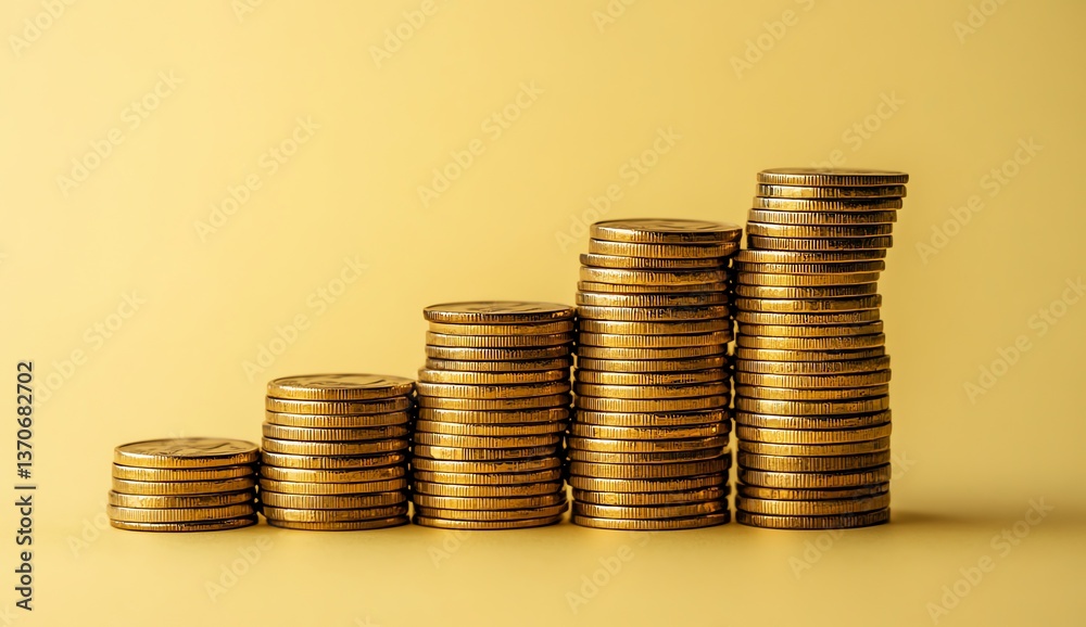 Stacked Gold Coins Showing Growth and Investment Increase on Yellow Background Stacked Gold Coins Showing Growth and Investment Increase on Yellow Background