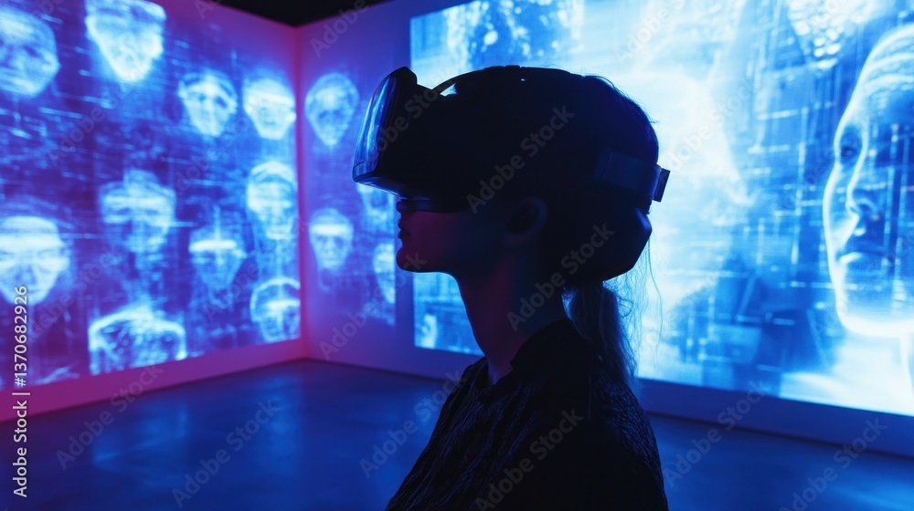 Immersive digital experience: Woman explores virtual reality art exhibition Immersive digital experience: Woman explores virtual reality art exhibition
