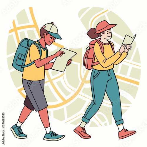 Tourists backpackers learning map searching way. Travelers man and woman hiking adventure, summer vacation trip. Characters travel, choosing walking route in foreign city, Cartoon vector illustration